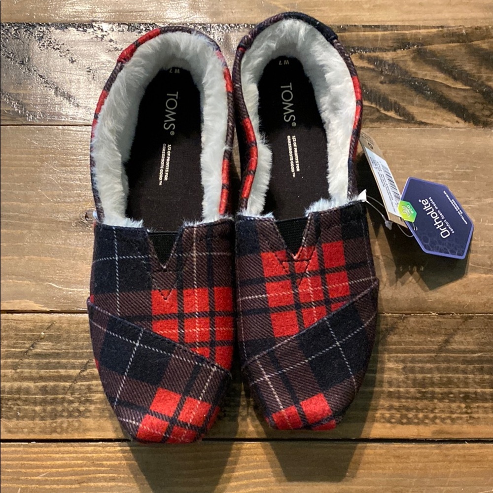 Toms Cozy Red and Black Plaid Slippers